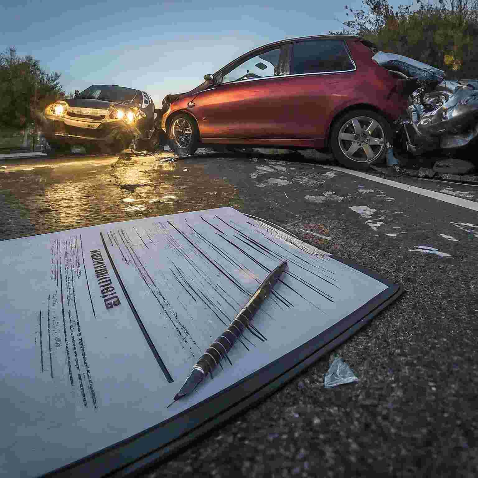 Two cars at dusk after an accident. A clipboard with an auto accident report and pen lay on top of the board in front of the cars. 